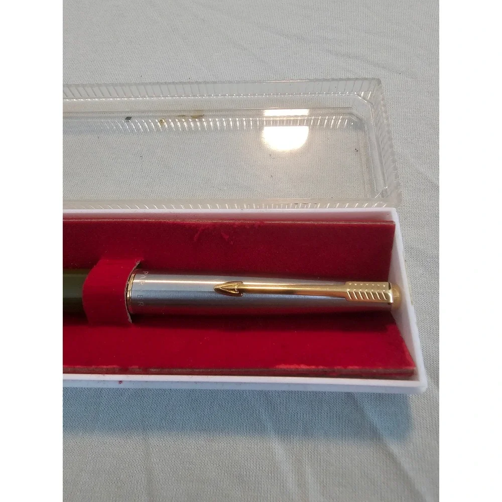 Parker 45 Fountain Pen Olive Green Brushed Steel Gold Trim Made in USA with Case